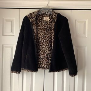 Faded Glory Women’s Hooded Black/Cheetah Print Fleece Jacket Full Zip